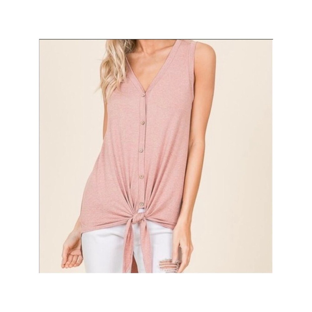 Button front Tie hem Tank top Sleeveless V-neck blouse casual boho